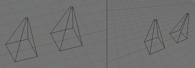 Orthographic (left) and perspective (right) projection.